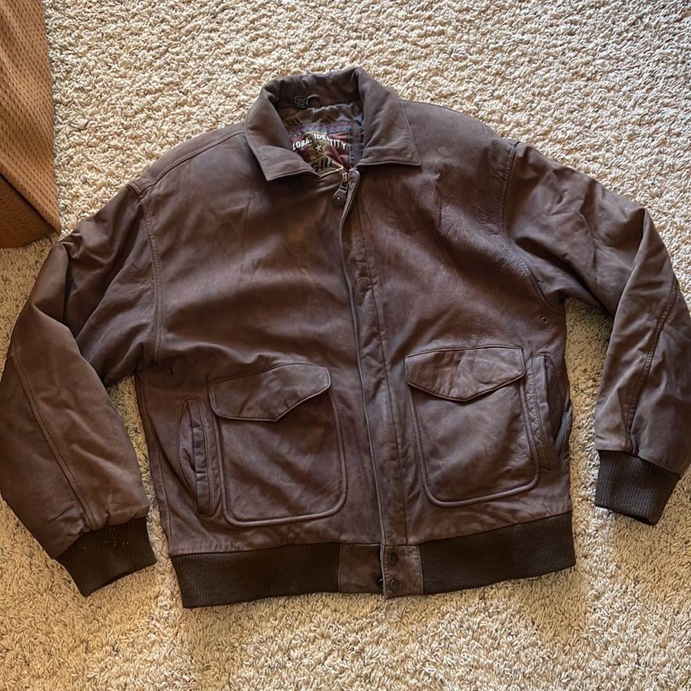 Vintage Global Identity Brown Leather Bomber Jacket